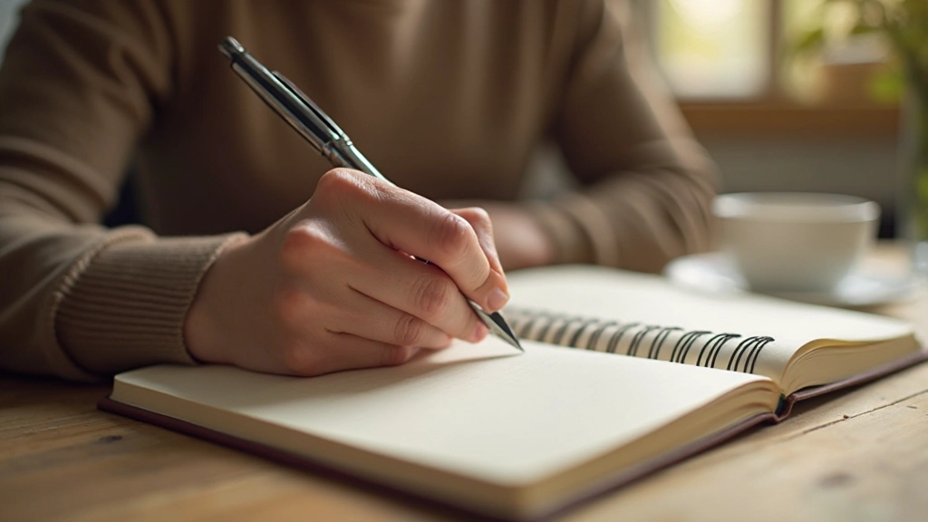 Hand schreibt in Tagebuch mit Stift, aufgeschlagenes Notizbuch auf Holztisch, warmes Morgenlicht