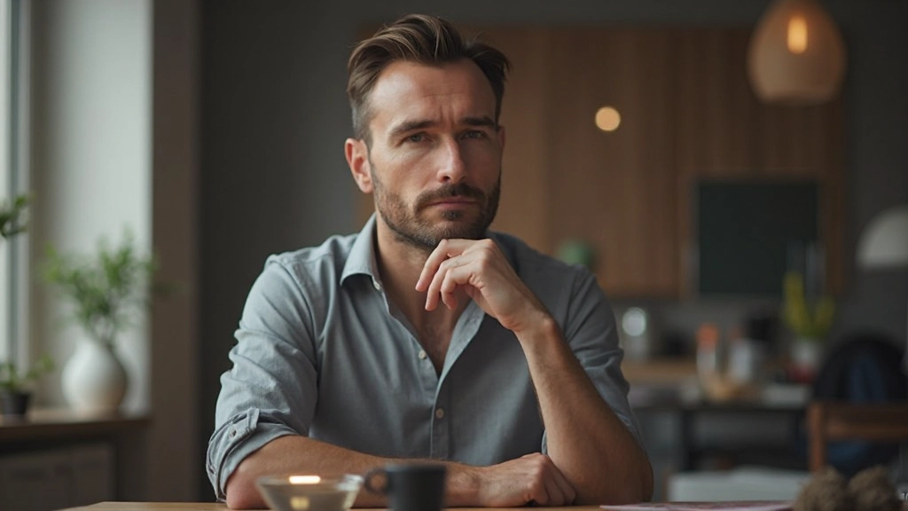 Person mit Kopf in den Händen, Moment der Überdenken und Verwirrung, schwaches Licht, reflektive Pose