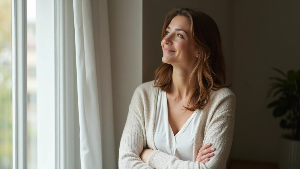 Person schaut nach oben mit hoffnungsvollem Ausdruck, Sonnenlicht von oben, inspirierende Pose, ruhige Atmosphäre