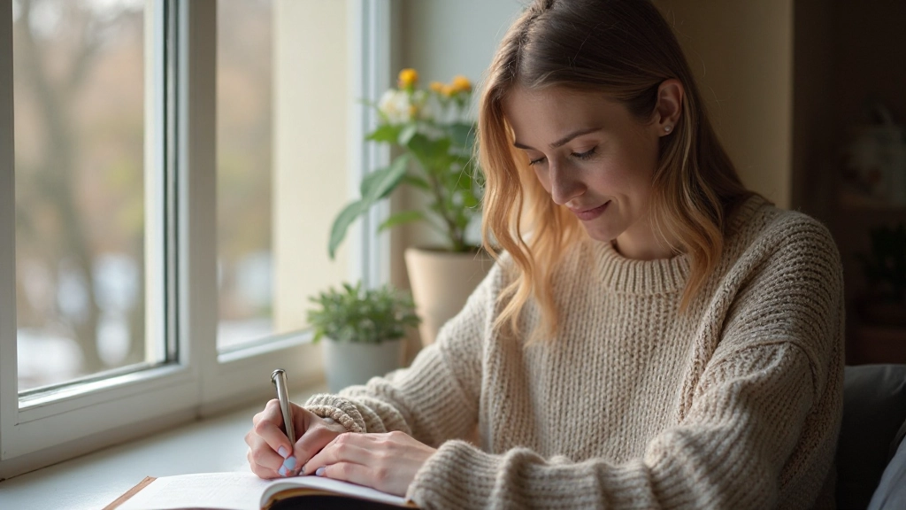 Person sitzt am Fenster bei Tageslicht mit Notizbuch und schreibt ihre Gedanken auf, friedliche morgendliche Atmosphäre