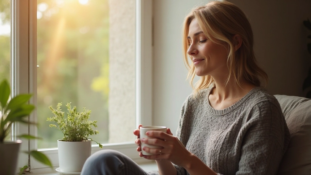 Person sitzt entspannt am Fenster mit Tee, sonniger Morgen, friedliche Gesichtsausdruck, helles Licht