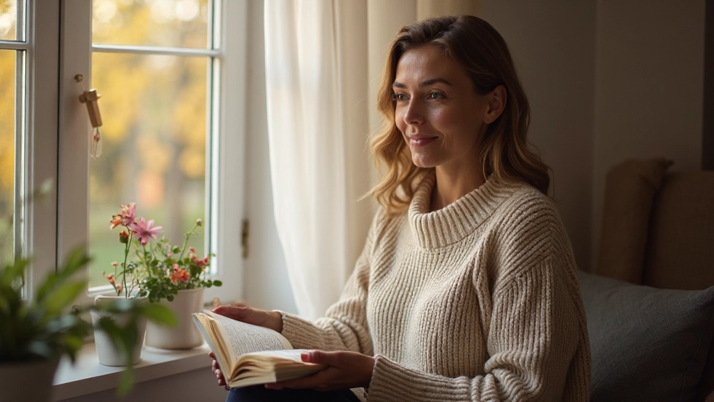 Person mit Tagebuch sitzt am Fenster, konzentrierter Blick, Morgenlicht, inspirierender Moment