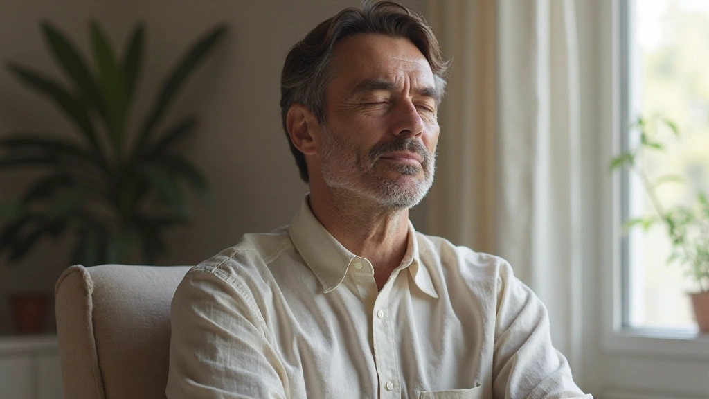 Person sitzt ruhig mit geschlossenen Augen, innerer Frieden und Achtsamkeit, warmes Licht, meditativ