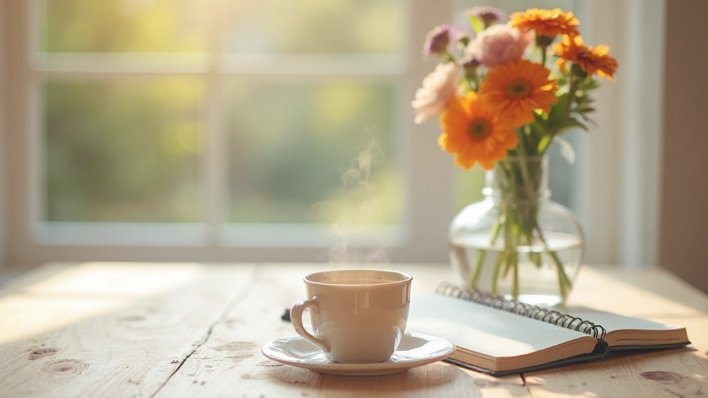 Morgenliche Routine mit Tasse Tee, Planer und Blättern auf Tisch, helles natürliches Licht, gemütliche Szene