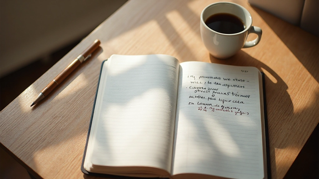 Offenes Notizbuch mit handschriftlichen Einträgen auf Holztisch, Kaffeetasse daneben, Morgenlich, Draufsicht
