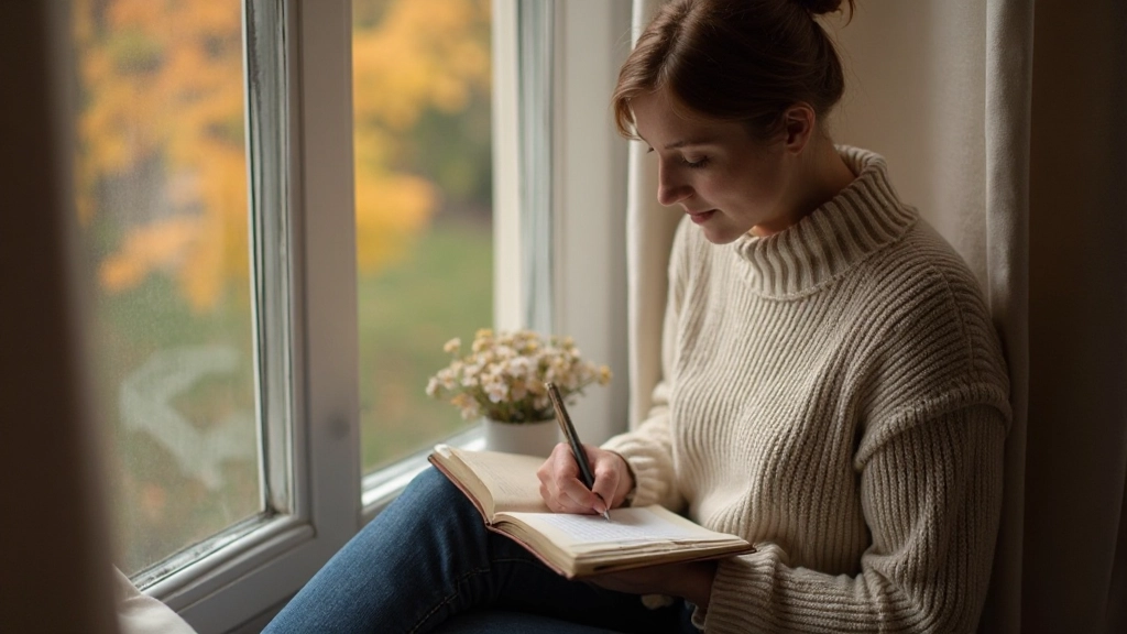 Person sitzt am Fenster und schreibt in ein Dankbarkeitstagebuch, warmes Licht, friedliche Atmosphäre, Nahaufnahme von oben