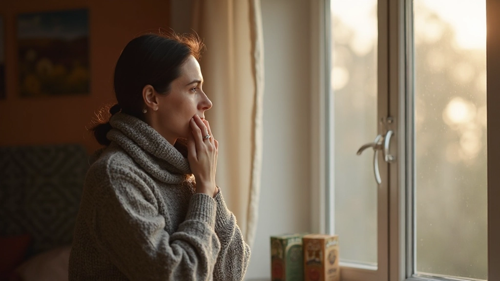 Person schaut aus dem Fenster mit nachdenklichem Ausdruck, warmes Licht, ruhige Umgebung, Porträt von der Seite